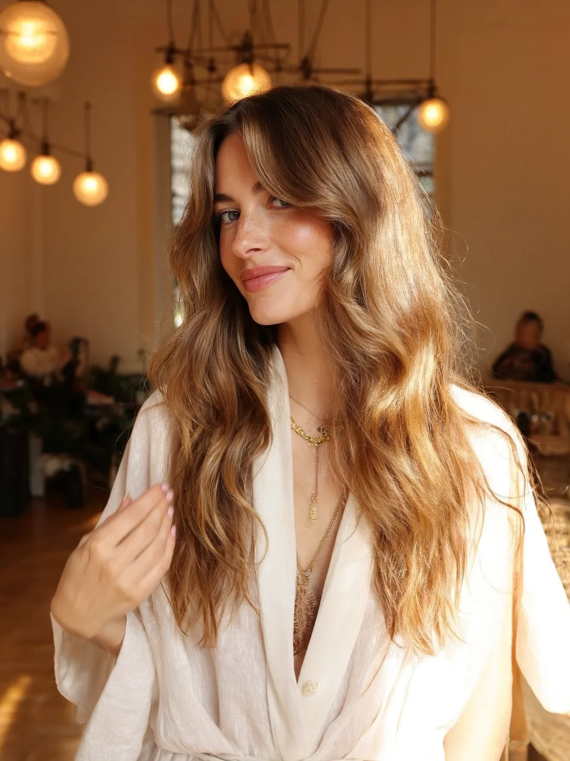 Long Wavy Caramel Brown Layers with Curtain Bangs